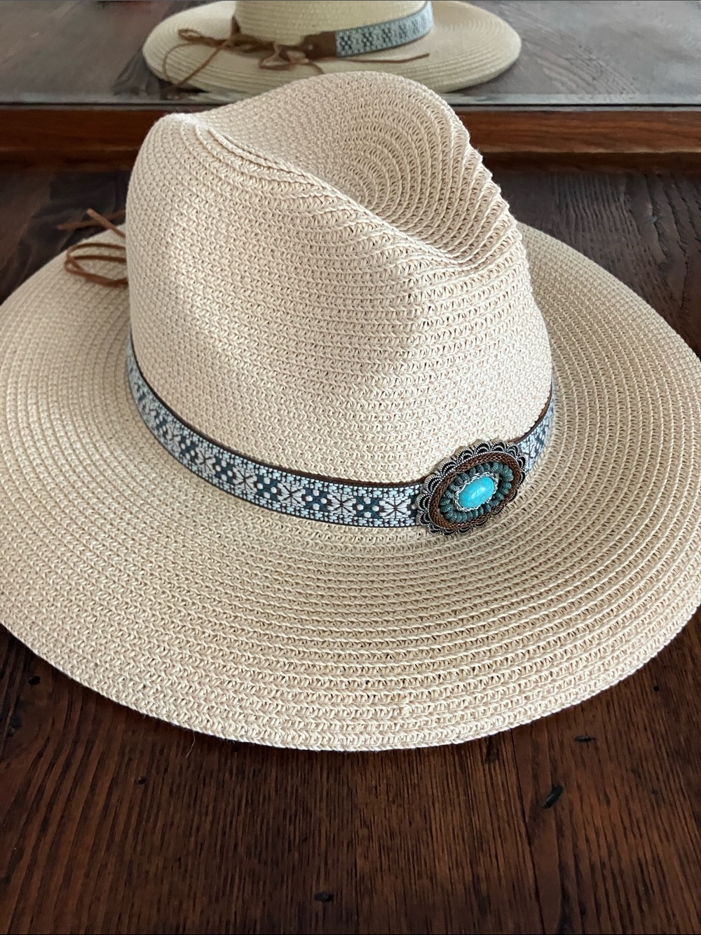 Neutral Straw Sun Hat with Turquoise Concho Band coastal Cowgirl Western - Picture 3 of 4